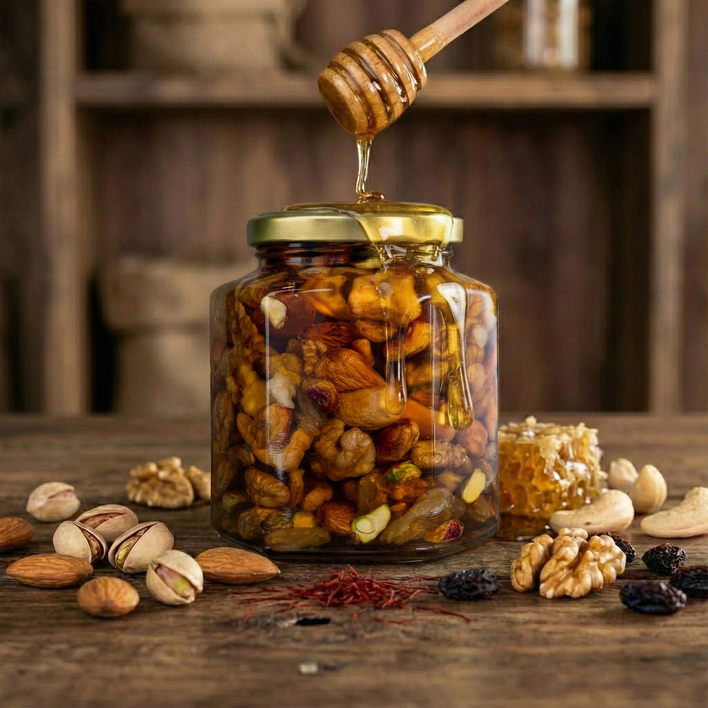 Glass jar filled with dried fruits and nuts, honeycomb, and honey being drizzled over it on a wooden surface.