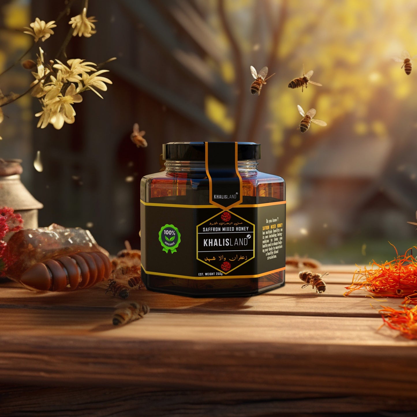 A jar of Khalisland Sidr Saffron Honey placed on a wooden surface with autumn-themed decorations around, including flowers and leaves, in an enhanced image with a fantasy element of bees and a mystical symbol in the background.