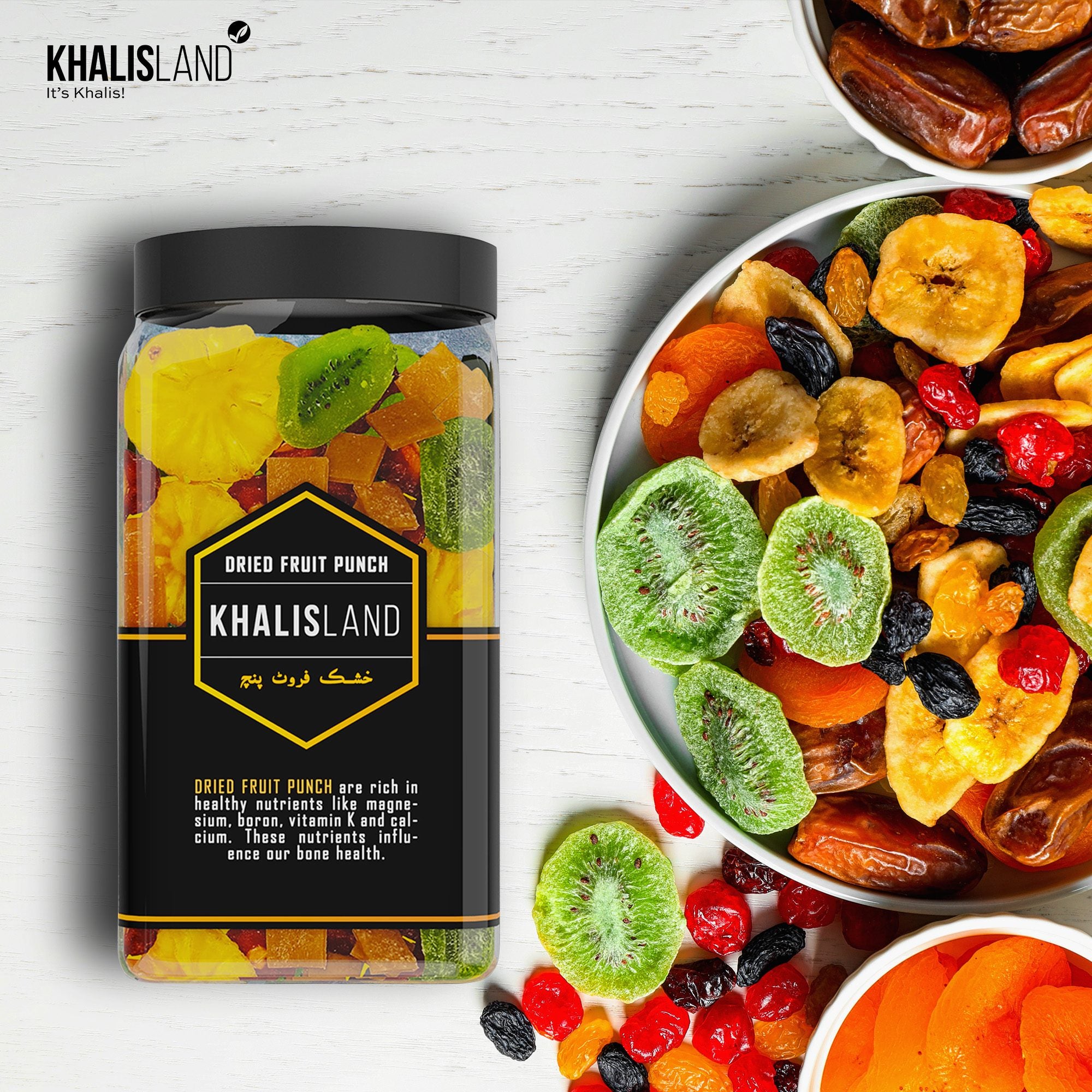A jar of Khalisland Fruit Punch displaying a variety of candied fruits such as kiwi, strawberry, mango, papaya, and pineapple.