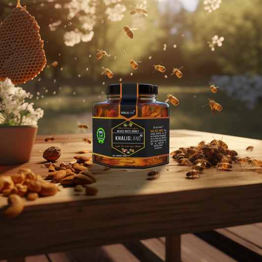 A jar of Khalisland organic honey mixed with nuts, placed on a wooden surface with honeycomb and nuts scattered around, against a blurred natural background.