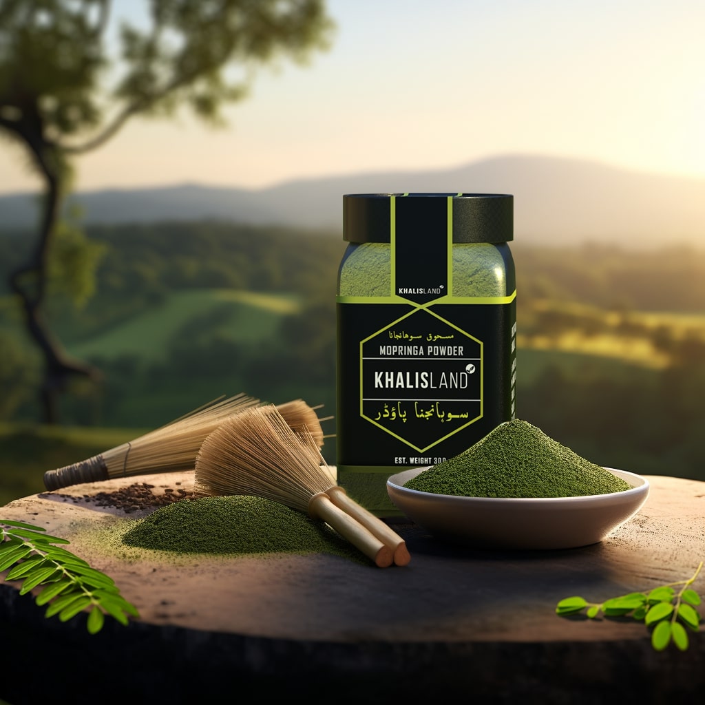 A jar of Khalisland Moringa Powder with a green label, accompanied by a spoonful of the powder and a natural background.