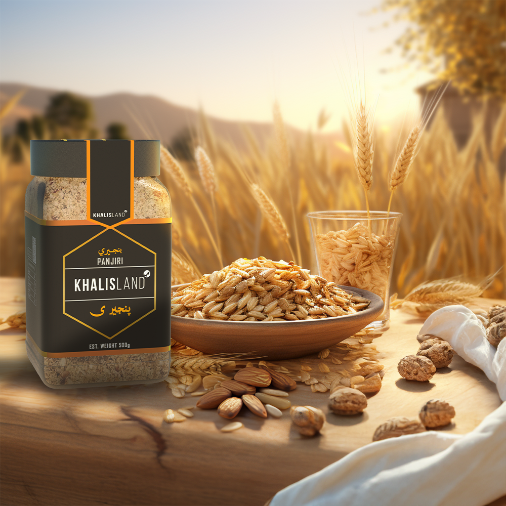 A jar of Khalisland Panjeeri with ingredients like whole wheat flour, ghee, sugar, and nuts displayed in the foreground, set against a backdrop of a wheat field.